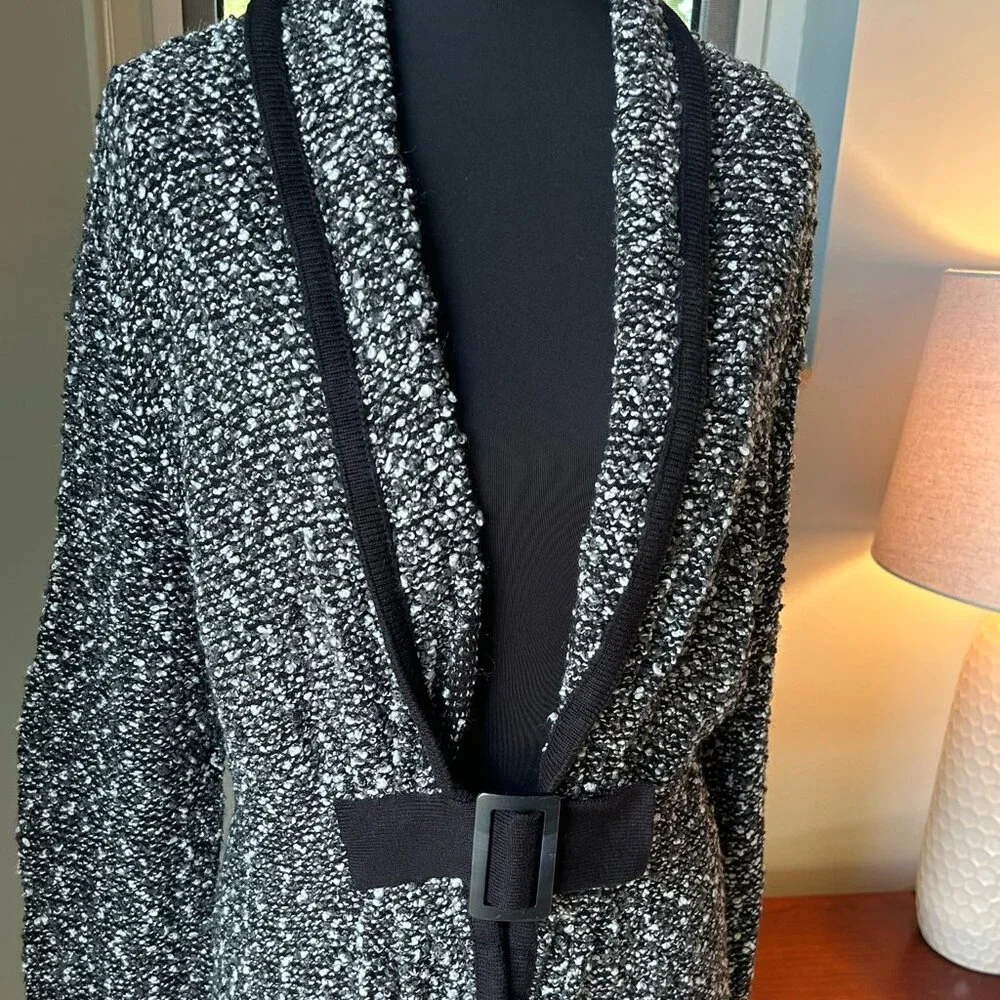 Zozo Black & White Lightweight Cardigan Sweater with Black Belt Accent - Picture 2 of 5